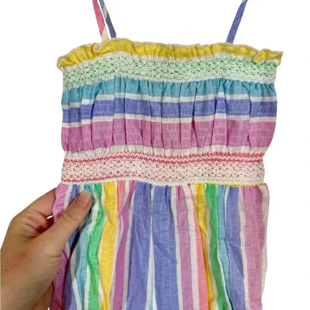 True Vintage Janie Press Rainbow Striped Romper Sunsuit Tie Shoulders